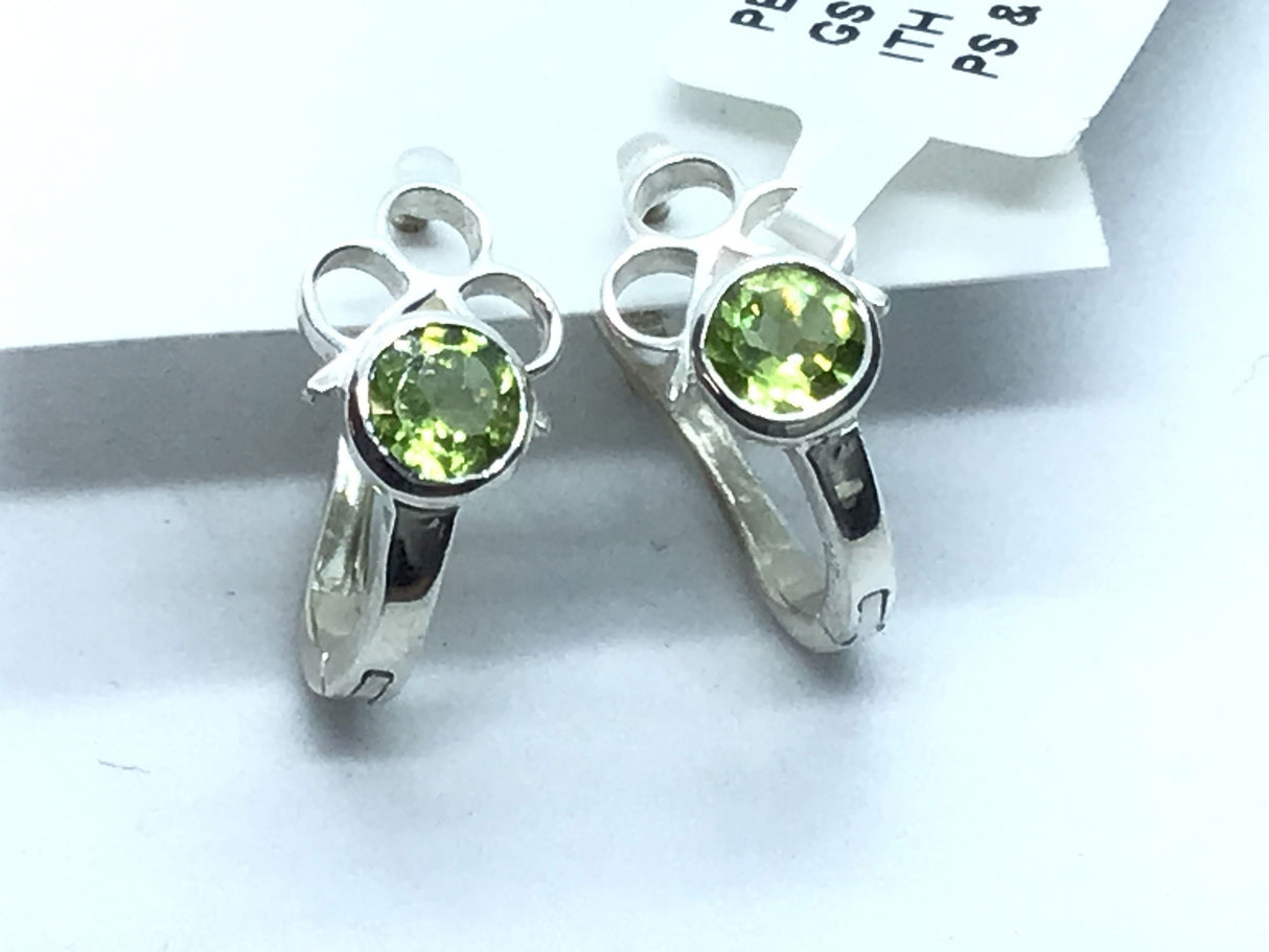 Peridot Hoop Earrings - Faceted Round With Three Silver Loops & Leverback Clasp