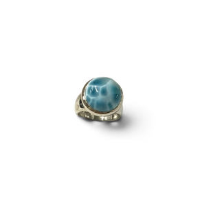 Rare Earth Gallery round dome larimar ring with a smooth blue gemstone set on a simple silver band