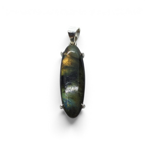 Rare Earth Gallery elongated oval labradorite cabochon pendant in a 925 sterling silver prong setting