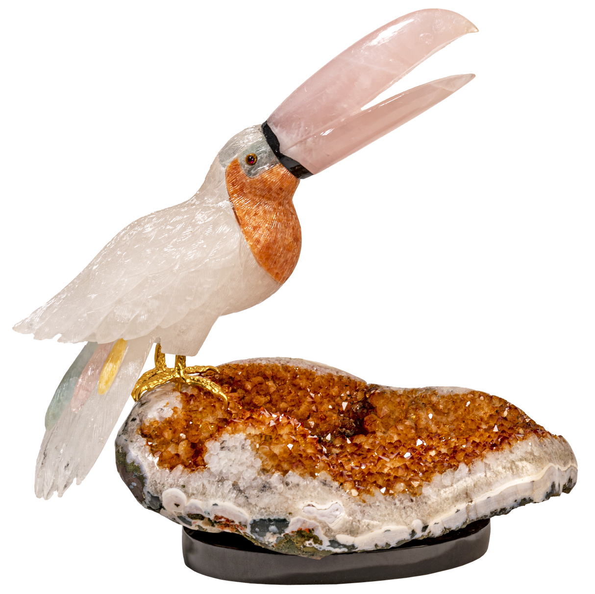 Quartz Toucan with Rose Quartz Beak & Multicolor Tail Feathers on Citrine Geode with Black Base