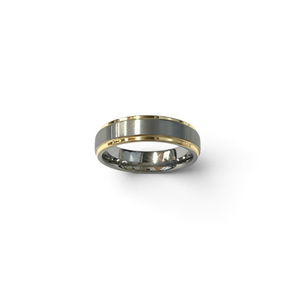 Rare Earth Gallery 6mm tungsten ring featuring a brushed grey center with polished yellow gold-plated edges.