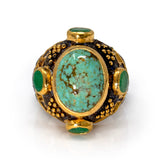 Persian Turquoise Ring Size 8.5 - Cambered Oval with 4 Faceted Emerald Ovals