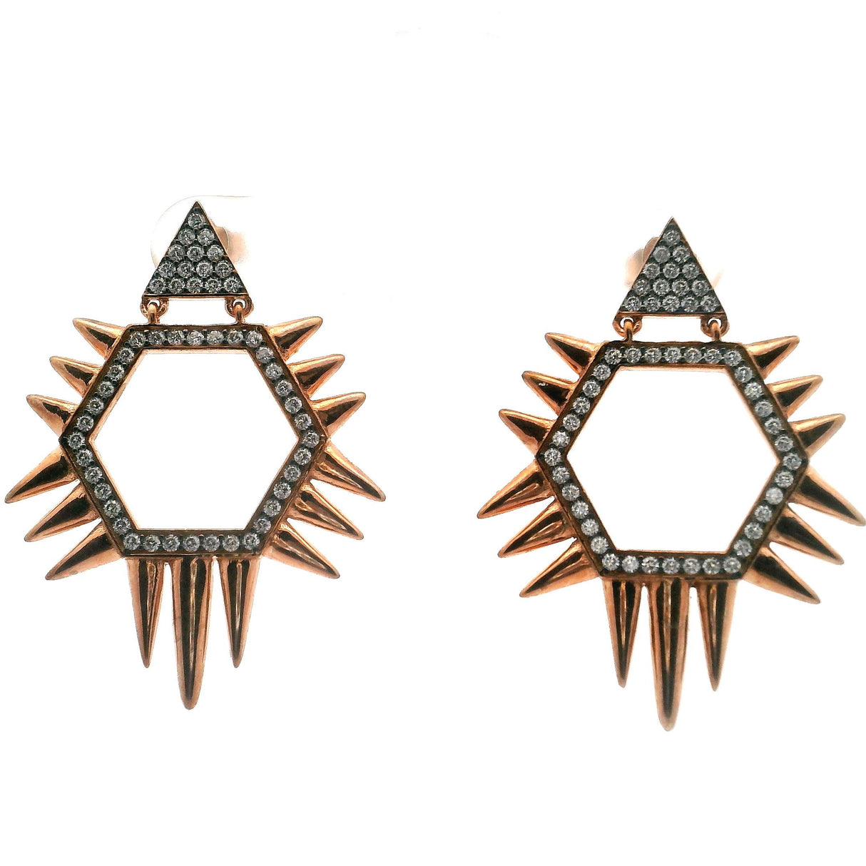 Nano Stone Dangle Earrings - Quartz Triangle & Hexagon with Spiky Edges & Rose Gold Overlay over 925 Sterling Silver