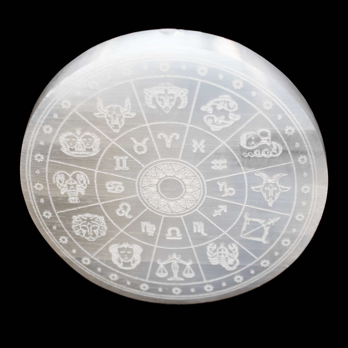 Engraved Selenite Disc - Zodiac from Morocco