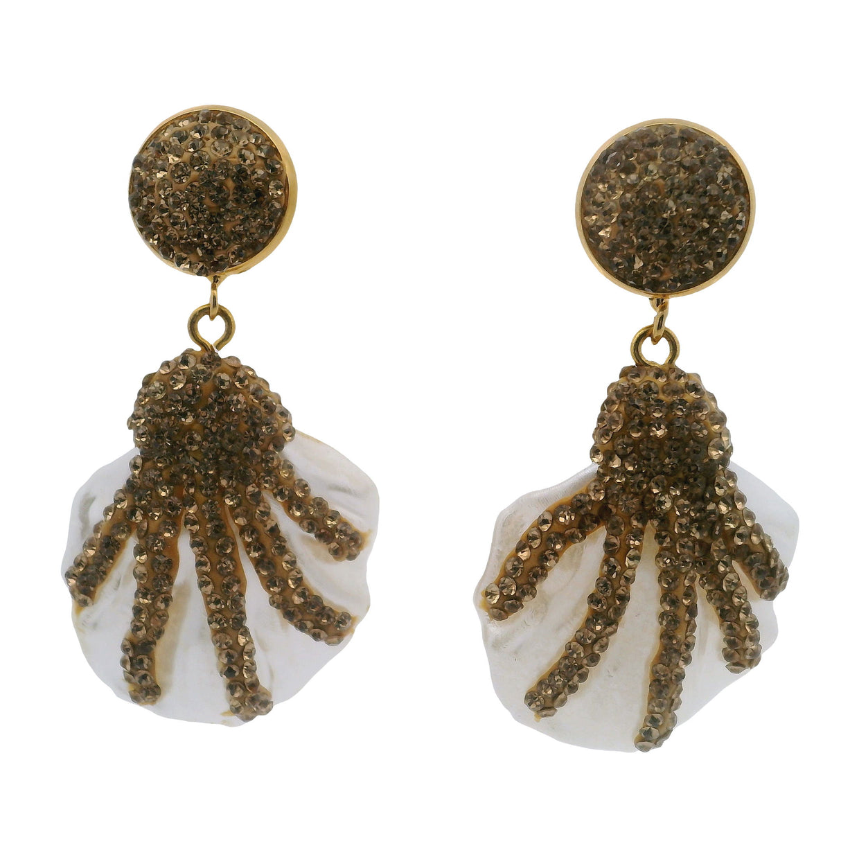 Baroque Pearl Dangle Earrings - Flat Fan-shaped Baroque Pearl with Octopus of Gold Swarovski Crystals in Gold Vermeil over 925 Sterling Silver