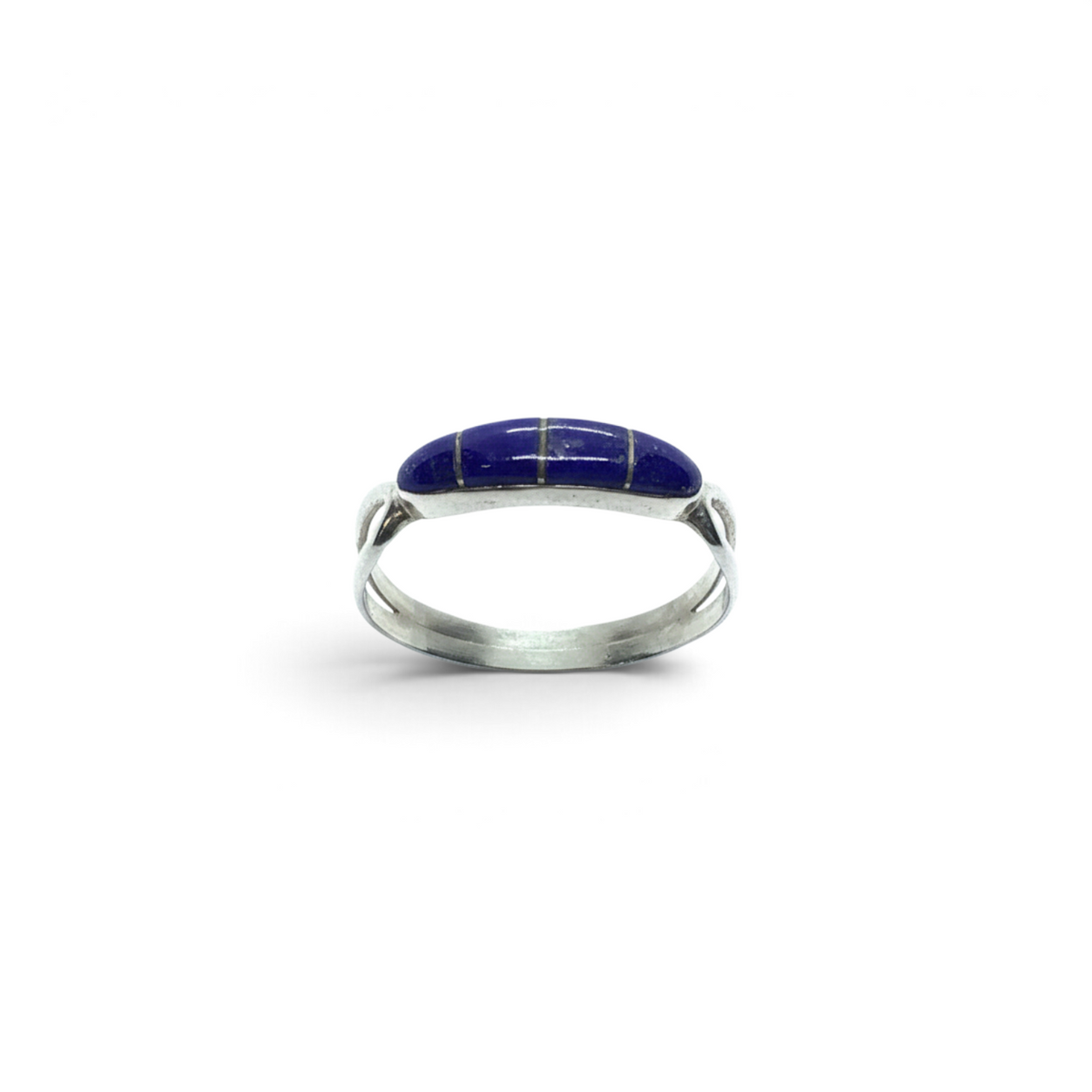 Rare Earth Gallery size 9 ring featuring four deep blue lapis lazuli stone inlays set in a polished silver band
