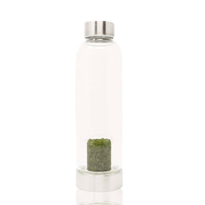 Crystal water bottle with glass dome of green peridot chips and stainless steel caps