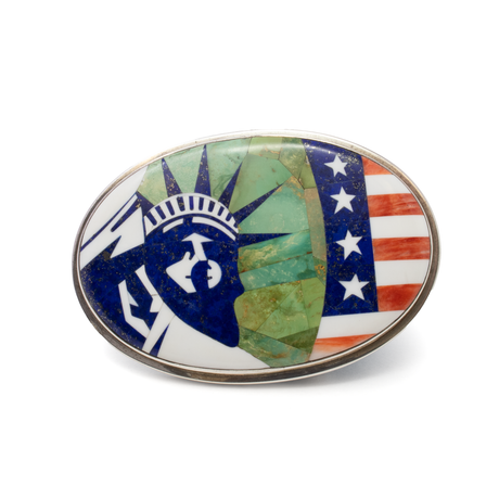 View of Micro Inlay Belt Buckle With -Oval With Statue Of Liberty And American Flag