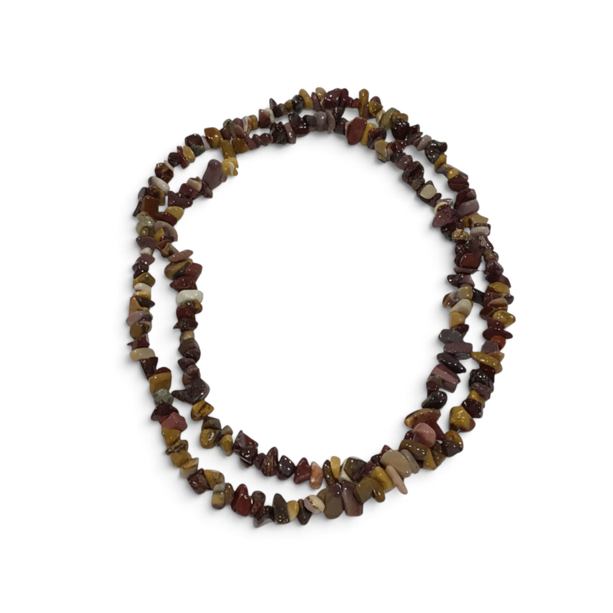 Rare Earth Gallery 32-inch necklace featuring multi-colored mookaite gemstone chips in earthy red, yellow, and cream.