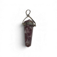 Rare Earth Gallery lepidolite crystal point pendant with a silver swivel bail on a white background