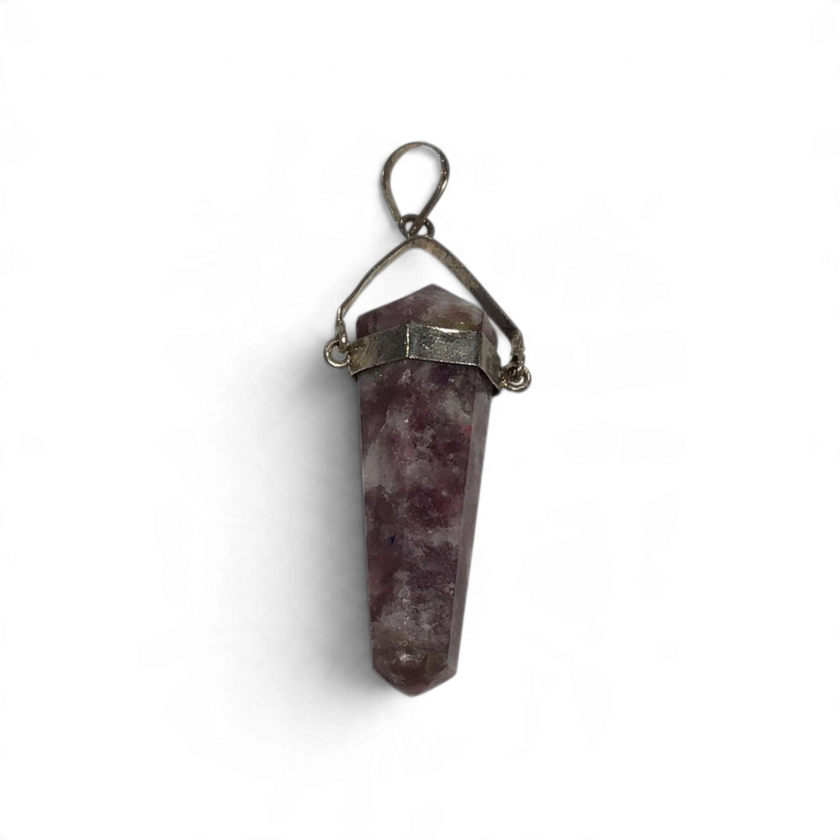 Rare Earth Gallery lepidolite crystal point pendant with a silver swivel bail on a white background