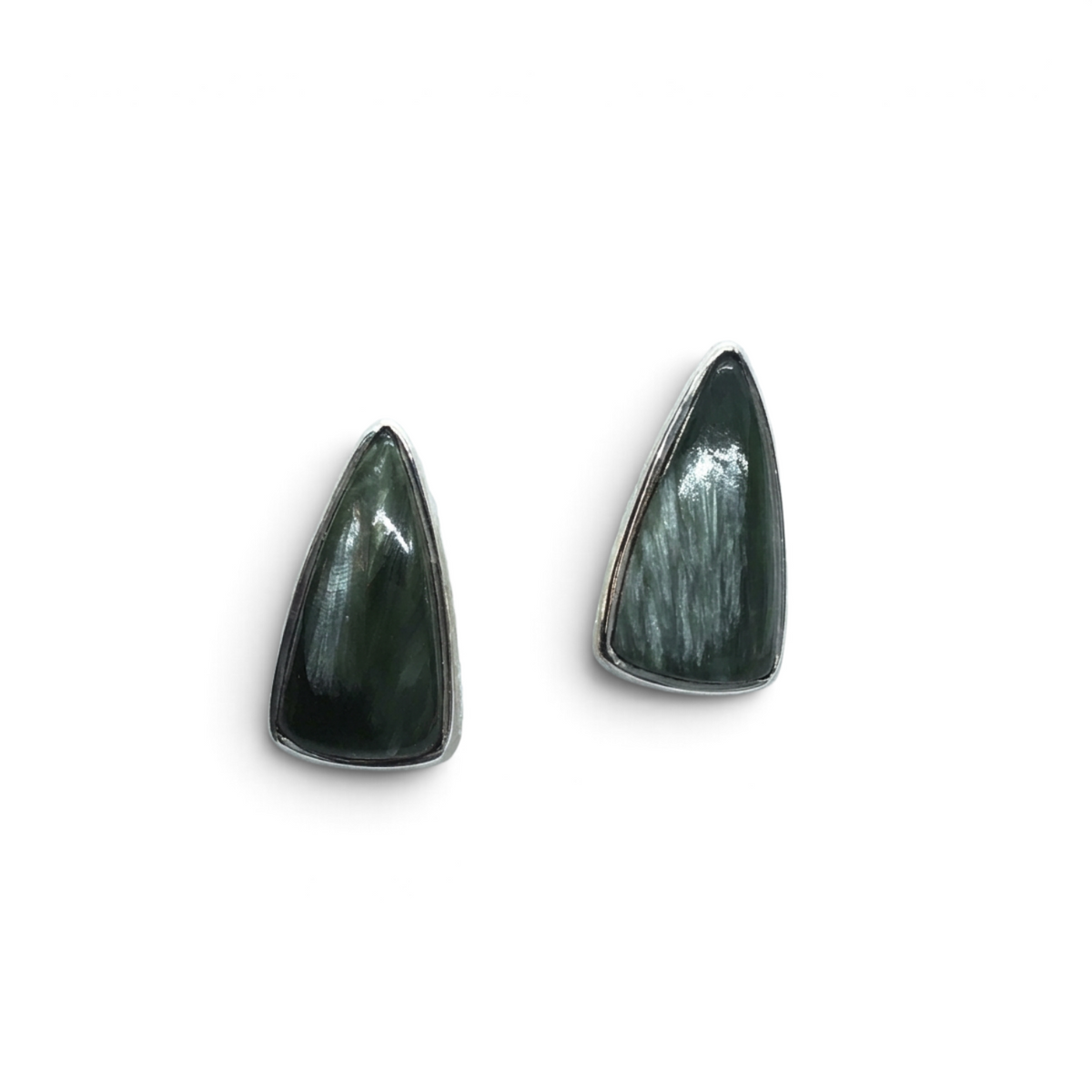 Rare Earth Gallery stud earrings featuring pennant-shaped seraphinite cabochons set in polished silver bezels.