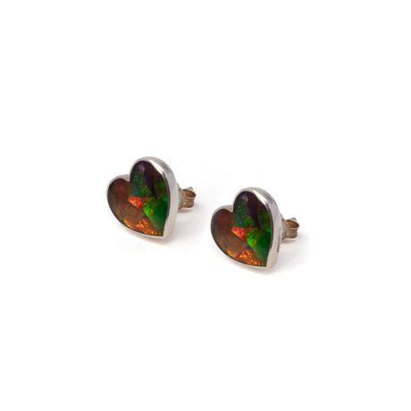 View of Ammolite Fossil Inlay Heart Stud Earrings With Silver Bezel