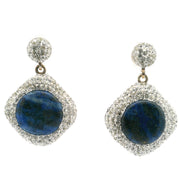Lapis lazuli round cabochon earrings framed by clear Swarovski crystal pave in sterling silver, front view
