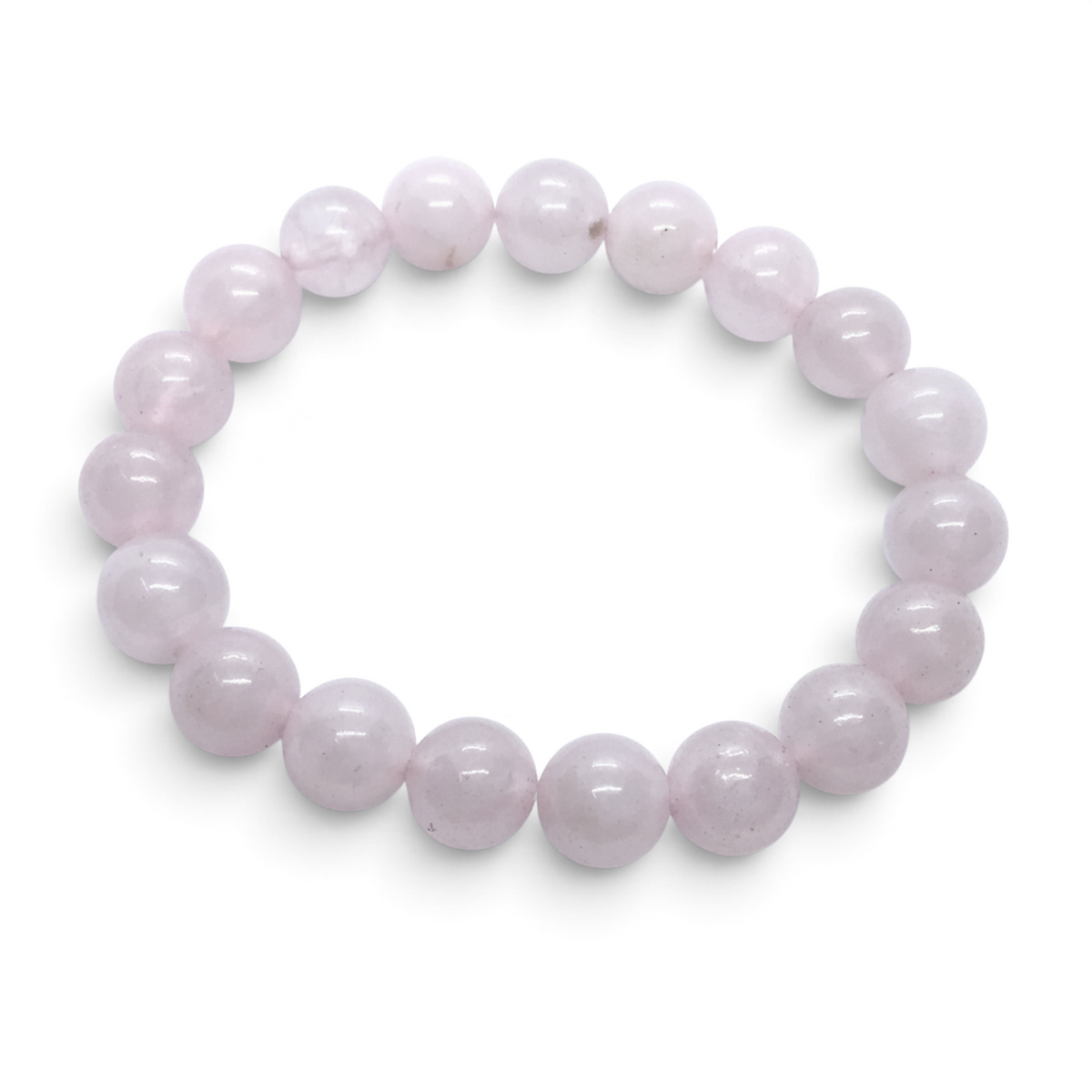 Rare Earth Gallery 10mm rose quartz beaded bracelet with polished light pink gemstone spheres on an elastic cord.
