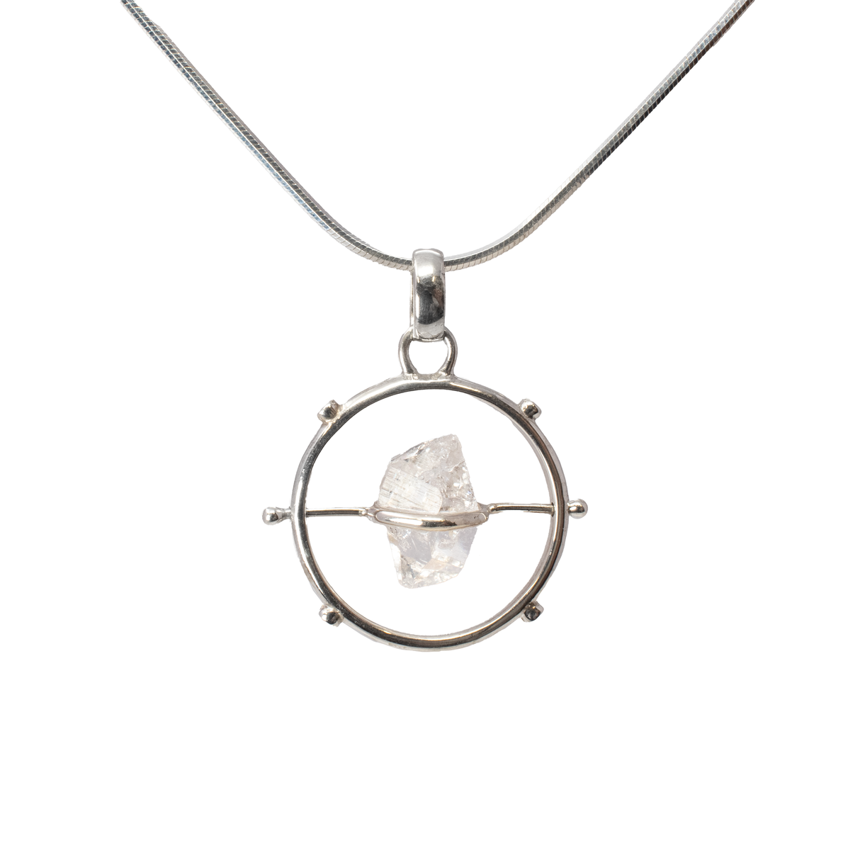 Herkimer Diamond Pendant - Freeform Set On Rotating Silver Bar In Open Silver Circle