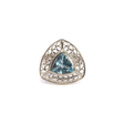 View of Blue Topaz Ring - Trillion With Silver Bezel & Silver Wire Looped Leaf Design Edge Sz8