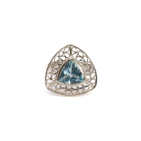 View of Blue Topaz Ring - Trillion With Silver Bezel & Silver Wire Looped Leaf Design Edge Sz8