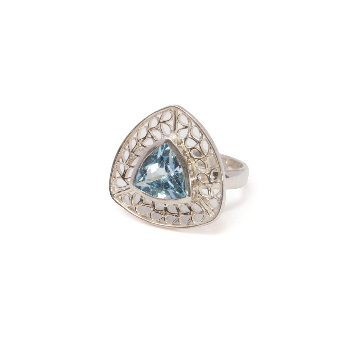 Blue Topaz Ring - Trillion With Silver Bezel & Silver Wire Looped Leaf Design Edge Sz8