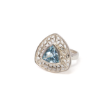 Blue Topaz Ring - Trillion With Silver Bezel & Silver Wire Looped Leaf Design Edge Sz8
