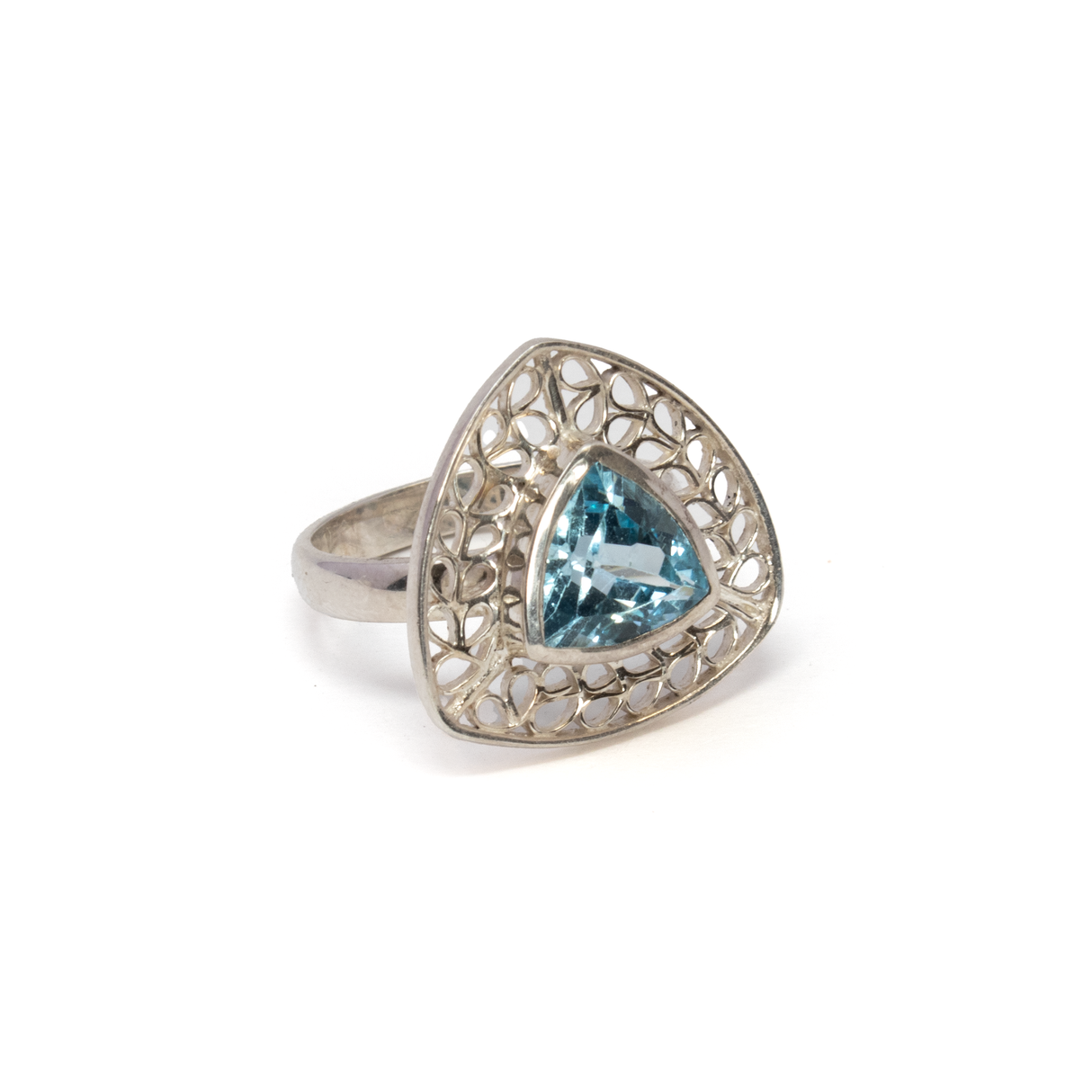 Blue Topaz Ring - Trillion With Silver Bezel & Silver Wire Looped Leaf Design Edge Sz8