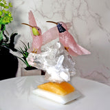 Rose Quartz Hummingbird Pair Perched on Quartz Crystal Cluster Base