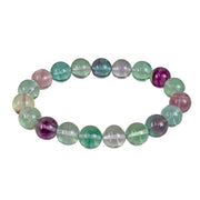 Fluorite 10 mm round beaded bracelet with translucent green, purple and clear beads