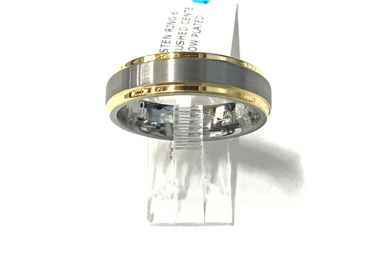 Brushed silver tungsten band with polished yellow gold-plated stepped edges, size 10.5
