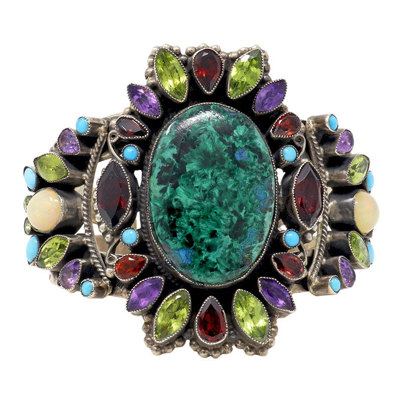 Leo Feeney Chatoyant Malachite & Chrysocolla Cuff Bracelet with Garnet, Ethiopian Opal, Peridot, Sleeping Beauty Turquoise & Amethyst