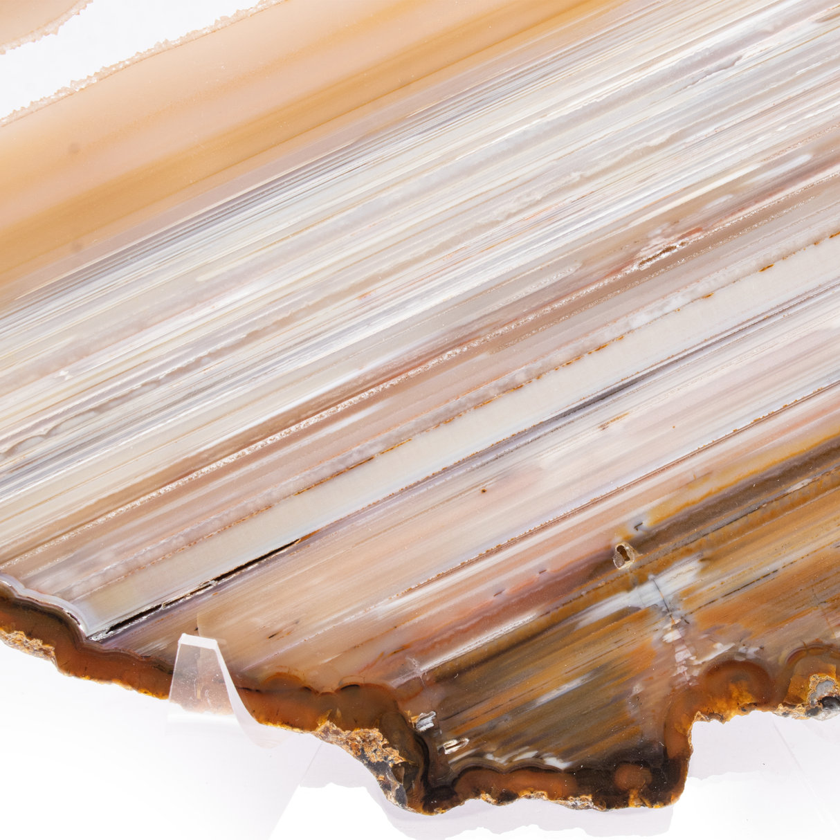 Thin Agate Slice -Densely Banded Linear Pattern With Half Oval Druze Pocket On Easel Stand