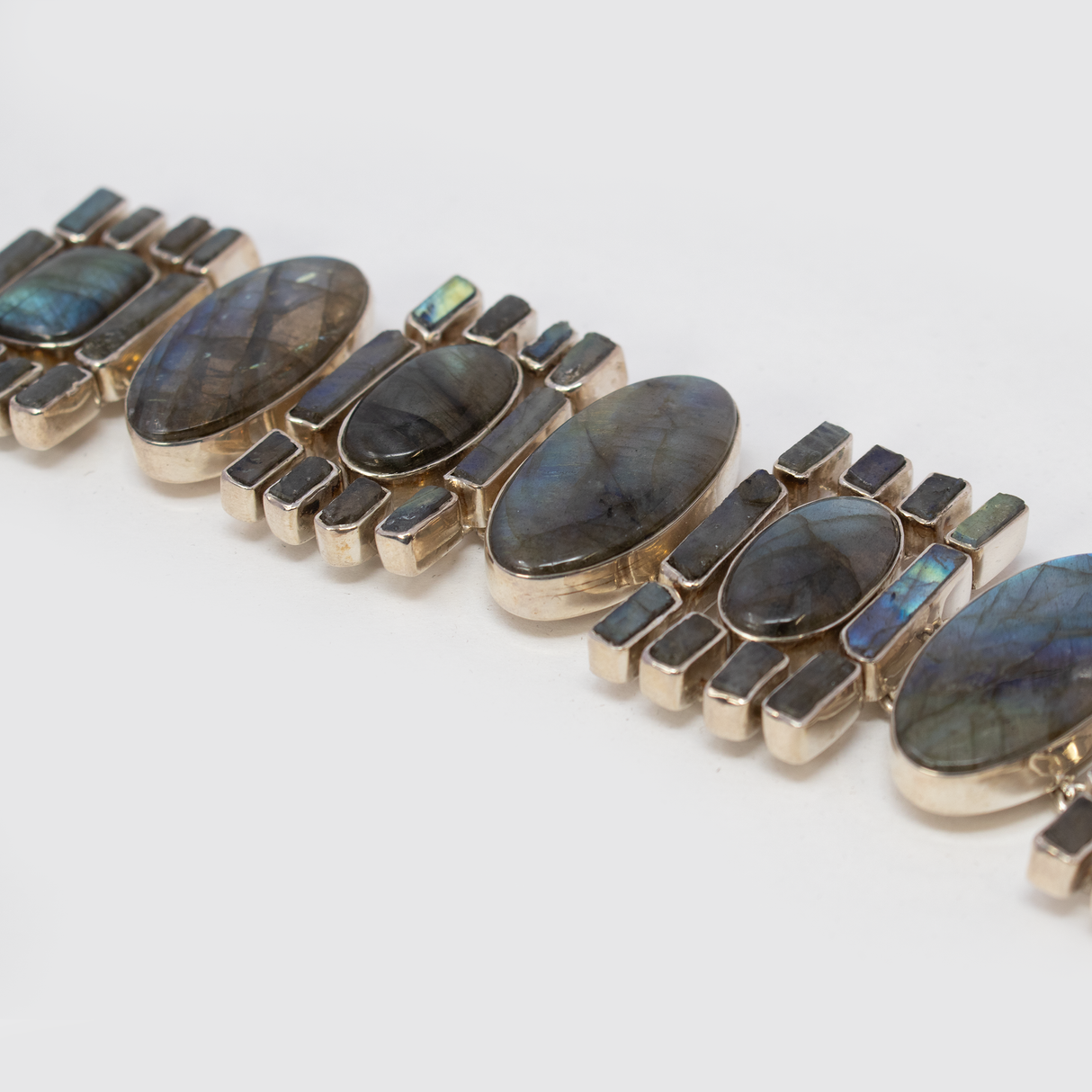 View of Labradorite Link Bracelet - 4 Oval Cabochons With 2 Square Cabochons Surrounded By Mini Rough Rectangle Matrix With Silver Bezels & Fancy Toggle Clasp