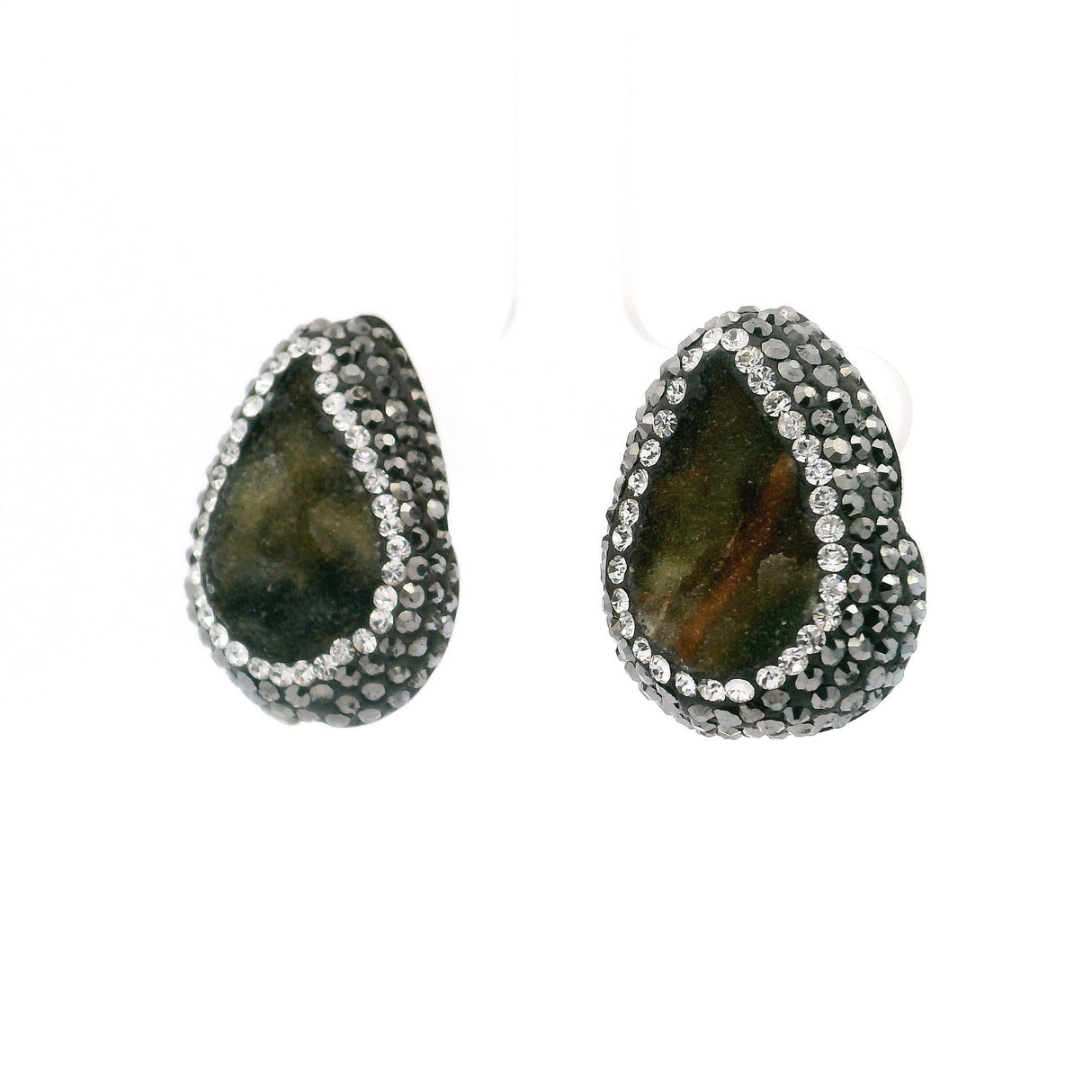 Natural Green Druze Clip Earrings - Druze Pear with Marcasite & Silver Swarovski Crystals with 925 Sterling Silver
