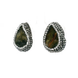 Natural Green Druze Clip Earrings - Druze Pear with Marcasite & Silver Swarovski Crystals with 925 Sterling Silver