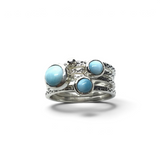 Rare Earth Gallery larimar ring set featuring four round cabochons on hammered 925 sterling silver bands with a bead
