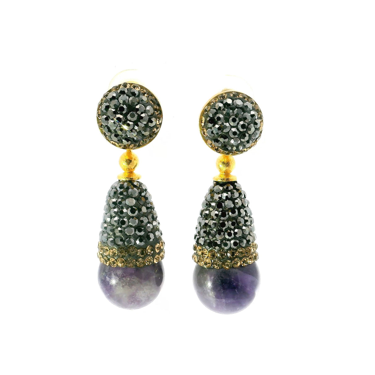 Amethyst Dangle Earrings - Amethyst Sphere Below Reverse Cone of Marcasite & Gold Swarovski Crystals with Gold Vermeil over 925 Sterling Silver