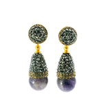 Amethyst Dangle Earrings - Amethyst Sphere Below Reverse Cone of Marcasite & Gold Swarovski Crystals with Gold Vermeil over 925 Sterling Silver