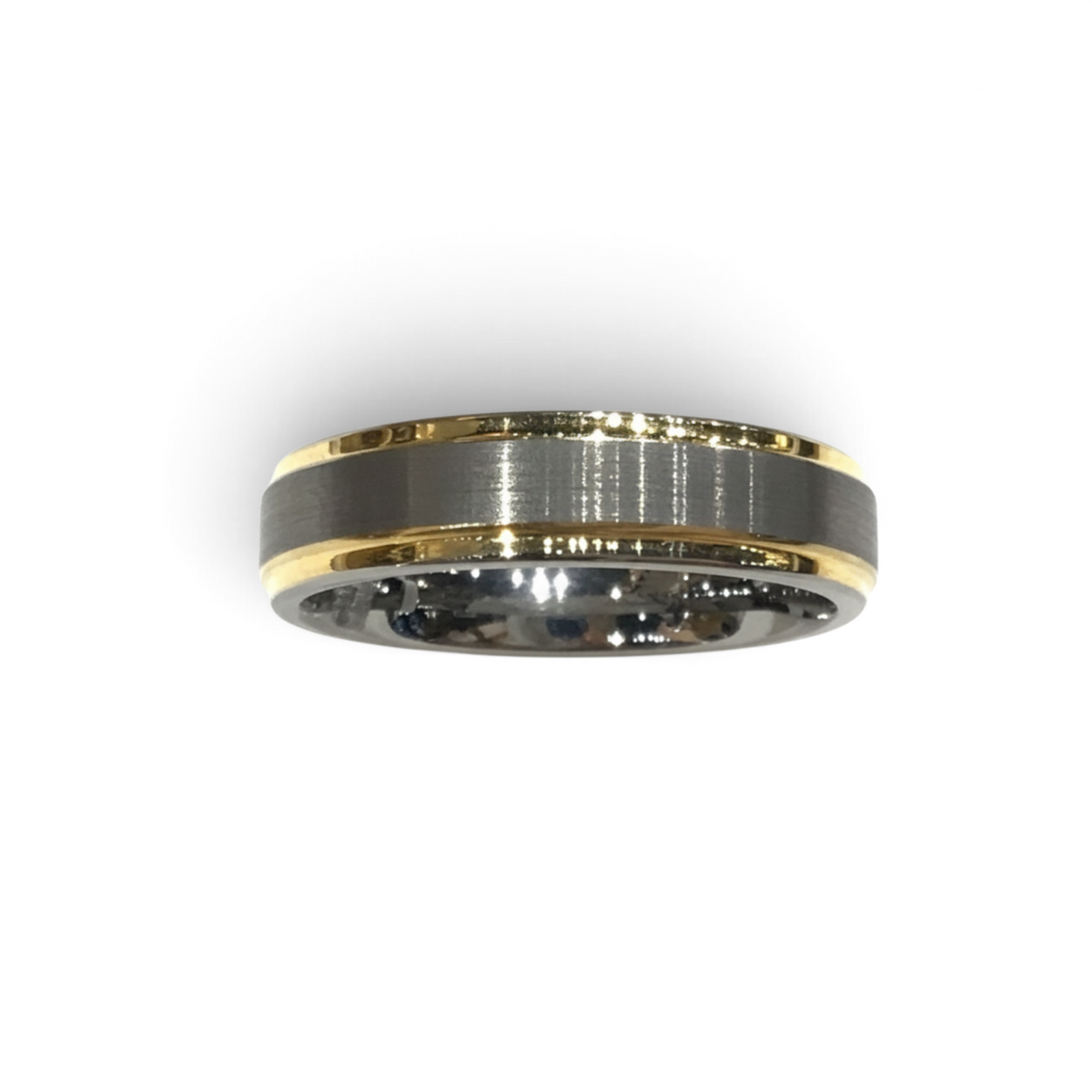 Rare Earth Gallery 6mm tungsten ring with a brushed grey center and yellow gold plated polished edges