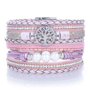 Pink tree of life wrap bracelet with braided leather, pearls, silver tree charm and magnetic clasp