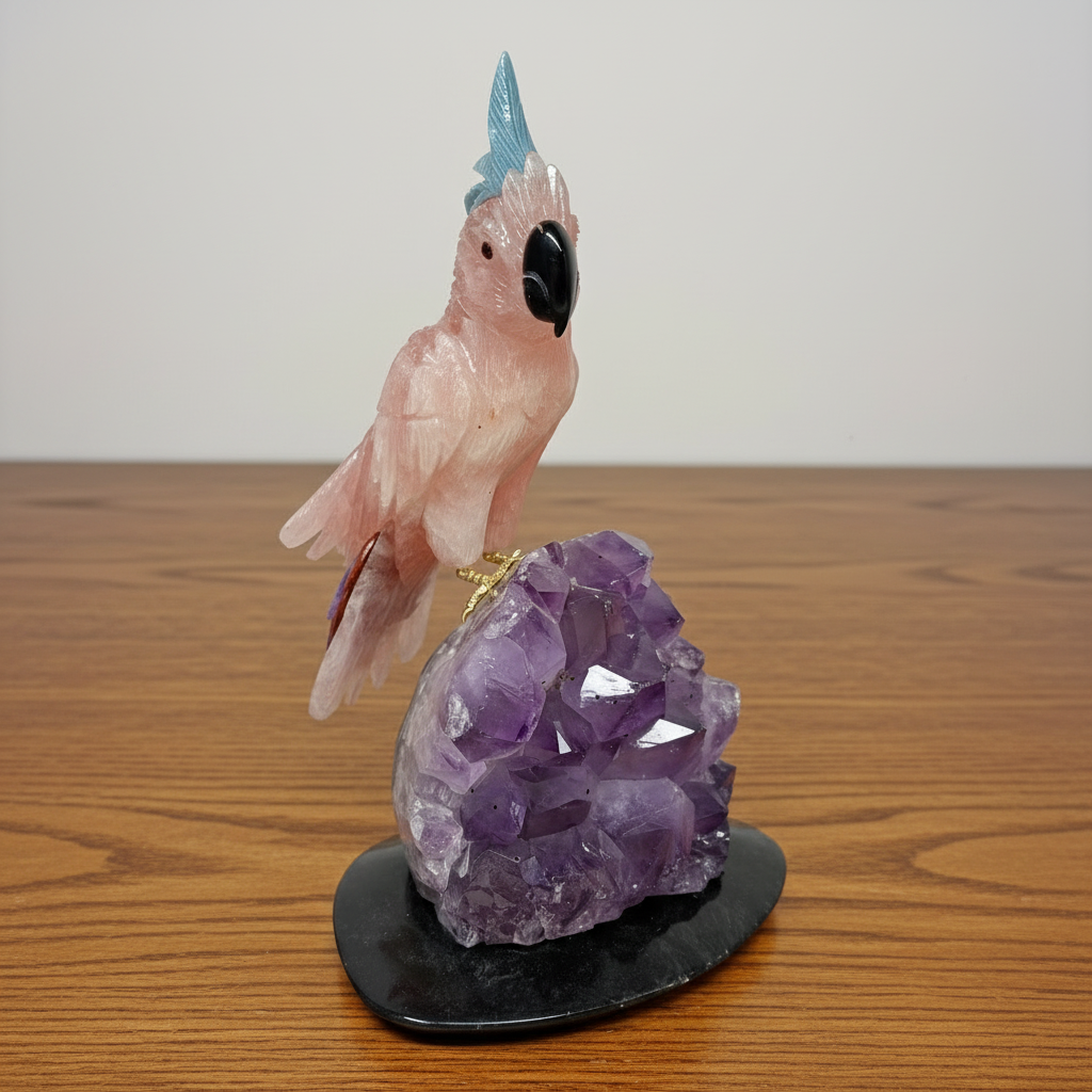 Rose Quartz Cockatoo Carving with Blue Quartz Crest Perched on Amethyst Crystal Cluster with Black Marble Base