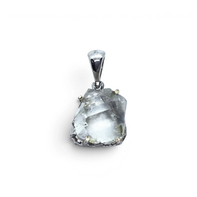 Rare Earth Gallery quartz crystal pendant featuring an organic raw crystal specimen in a stamped silver prong setting