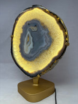 Blue Agate Druze Slice with Blue & Cream Center On Illuminated Table Stand - Gold