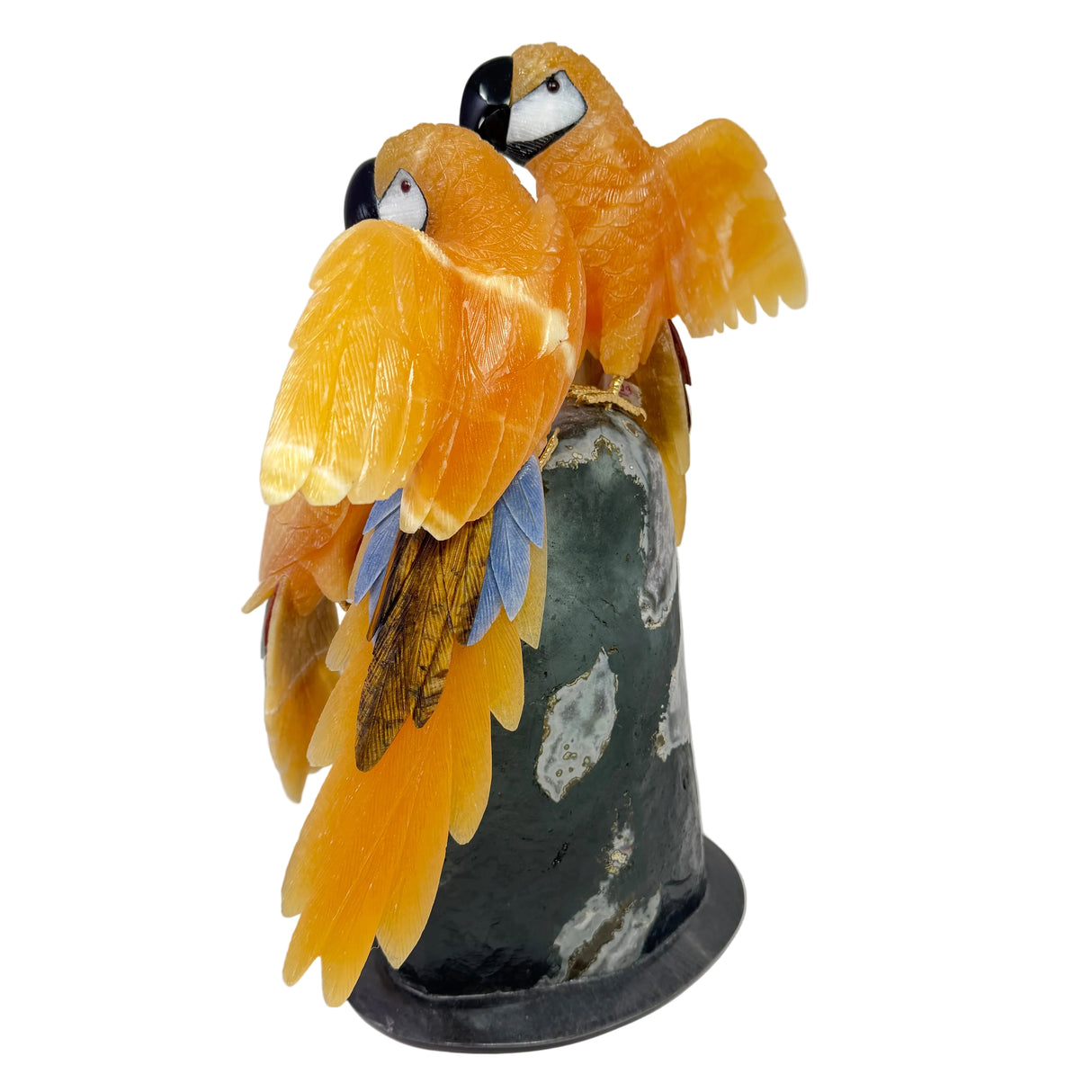 Three Calcite Macaws Perched on Amethyst Geode Base on Black Marble -Tail Feathers of Red Jasper Tigers Eye & Aventurine