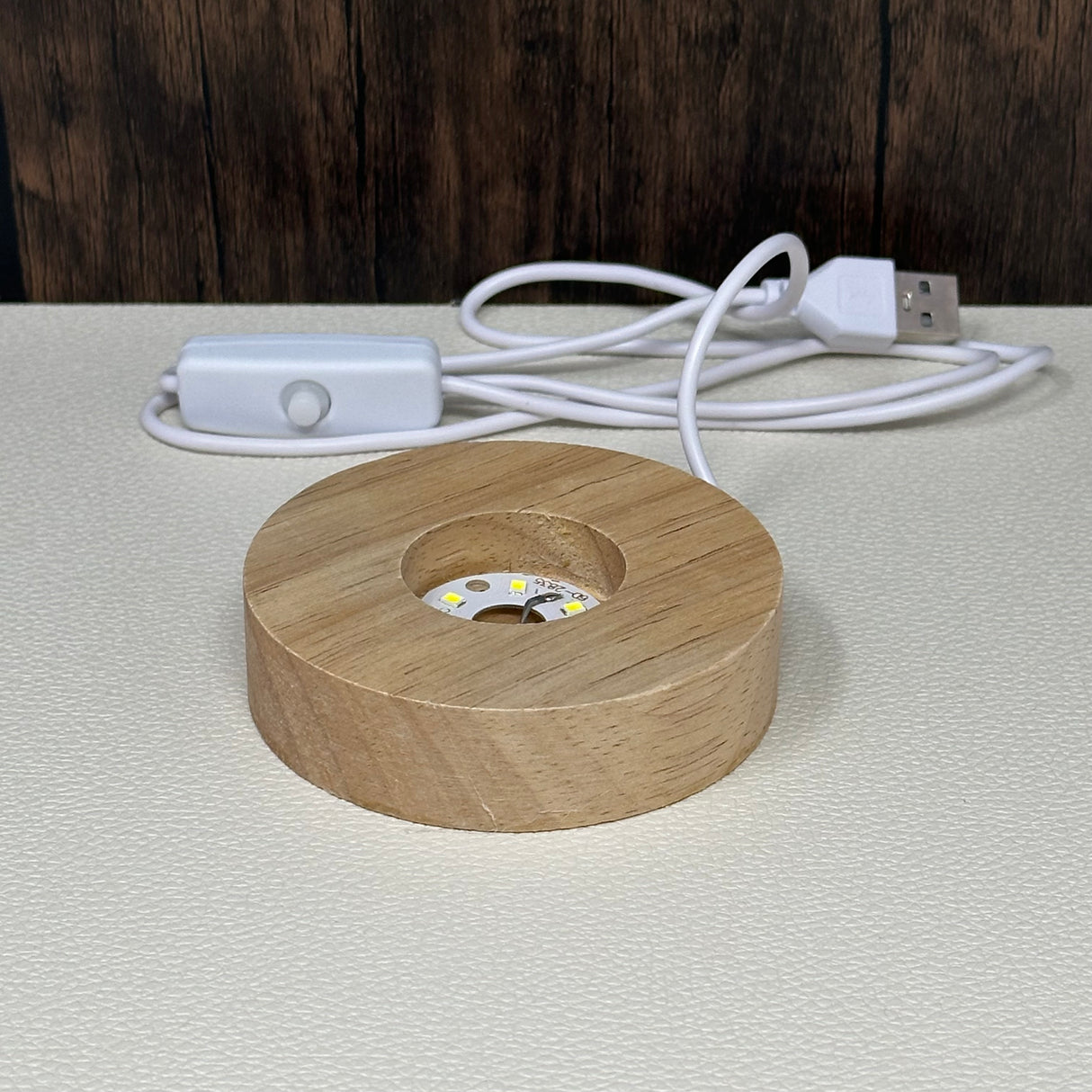 Small Wooden Light Base - Round with White Light & USB plug