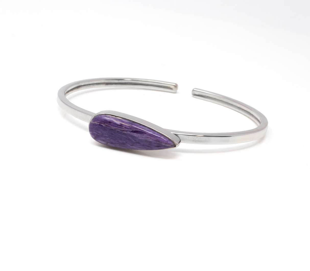 View of Charoite Twist Bracelet - Simple Narrow Pear Cabochon with Silver Bezel