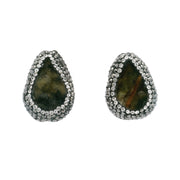 Green druze pear clip earrings framed by marcasite and clear Swarovski crystal pave