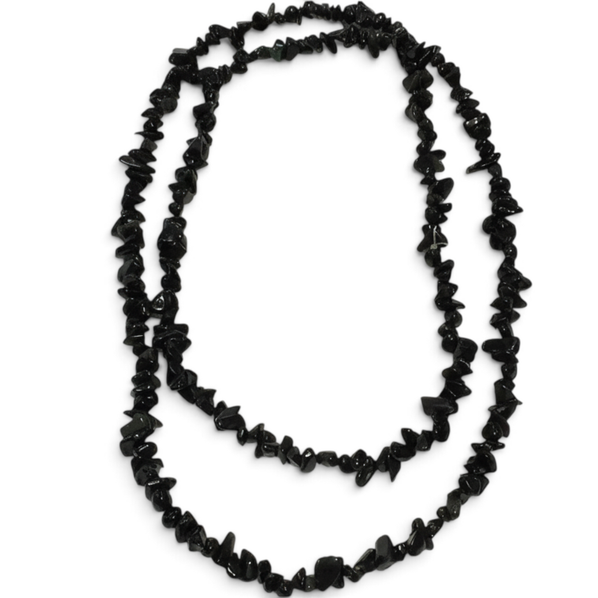 Rare Earth Gallery black obsidian chip necklace featuring polished irregular stone beads on a long strand