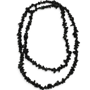Rare Earth Gallery black obsidian chip necklace featuring polished irregular stone beads on a long strand