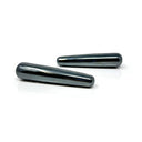 Two hematite massage wands with a polished metallic gray shine