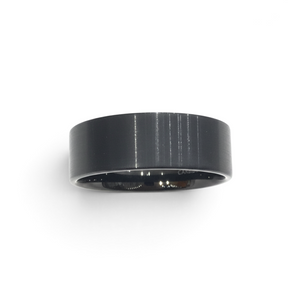 Rare Earth Gallery 9mm black tungsten ring with a brushed finish and pipe cut design