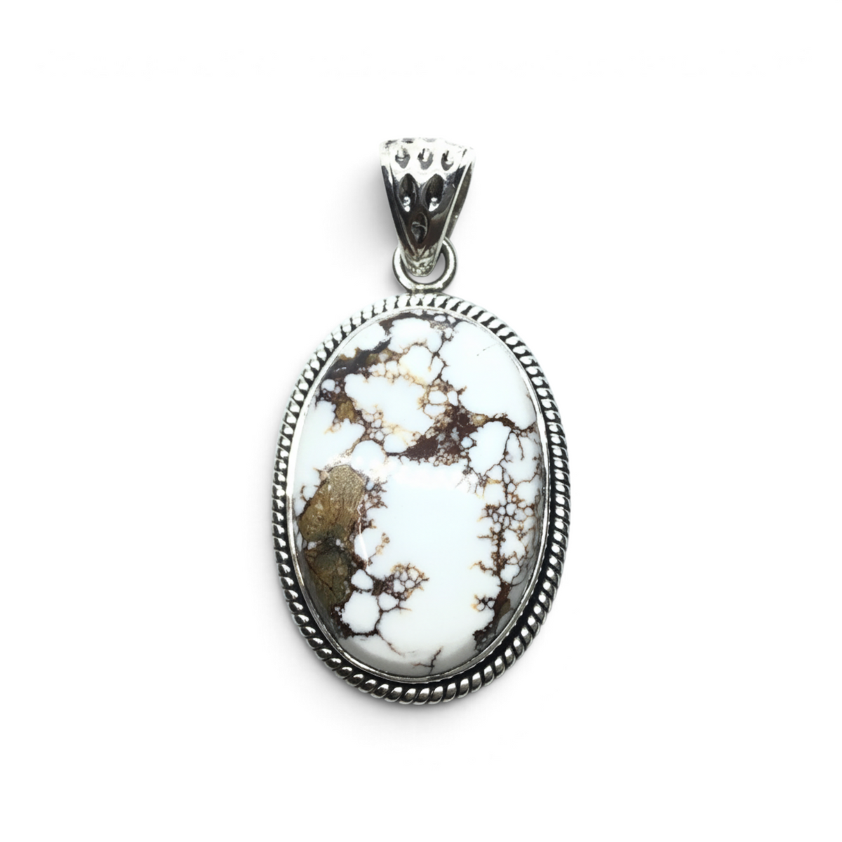Rare Earth Gallery oval Wild Horse Howlite pendant with a sterling silver rope bezel and decorative stamped bail.